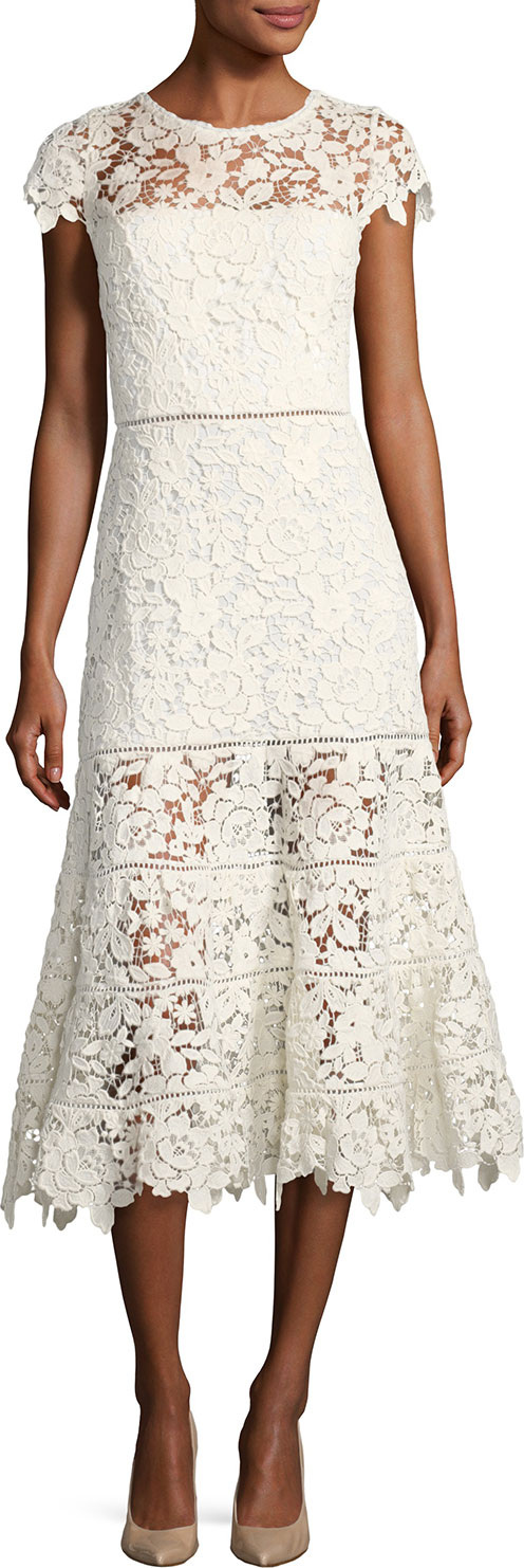 Joie Celedonia Round-Neck Fit-and-Flare Lace Guipure Midi Dress