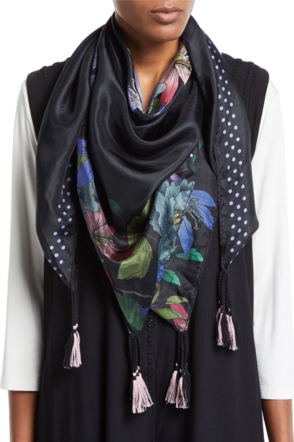 Johnny Was Kelly Floral Silk Georgette Scarf w/ Tassels