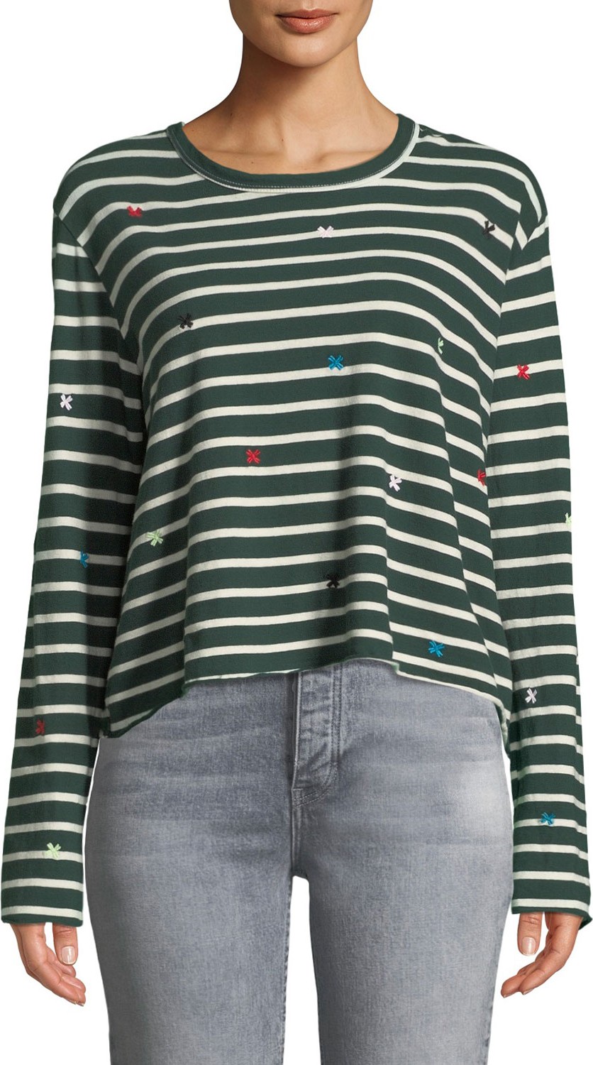 THE GREAT. The Long-Sleeve Crop Tee with Embroidery