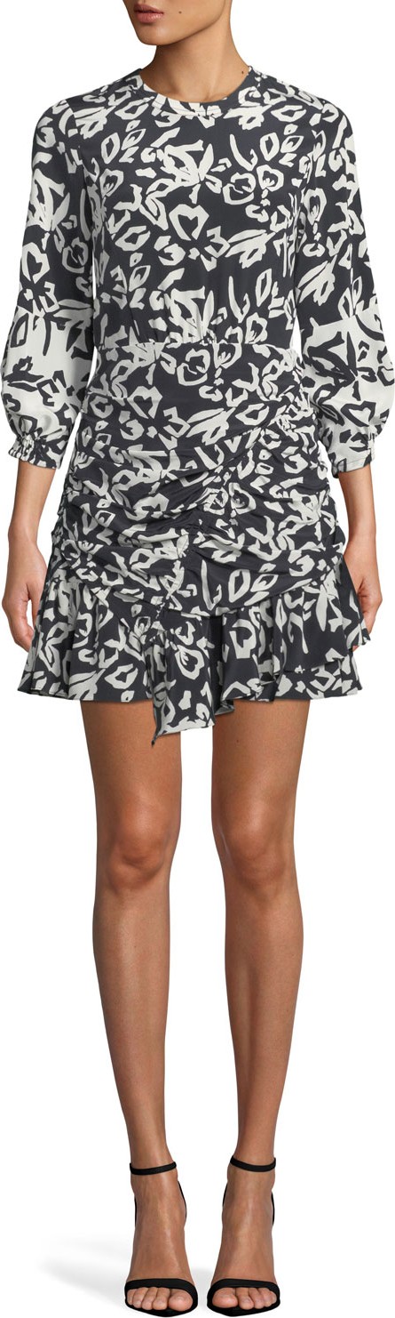Tanya Taylor Mel Printed Ruched Silk Flounce Short Dress
