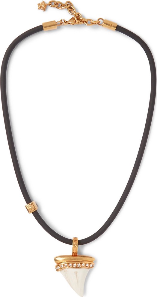 Versace Leather, Gold-Tone, Crystal and Shark Tooth Necklace