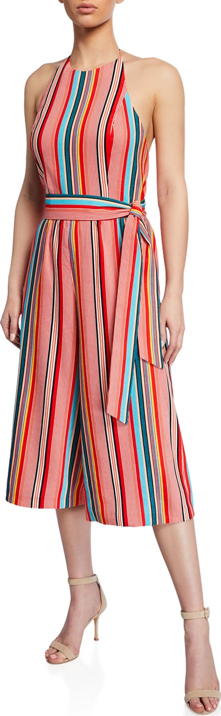 Alice + Olivia Lucie Striped Cropped Wide-Leg Halter Jumpsuit