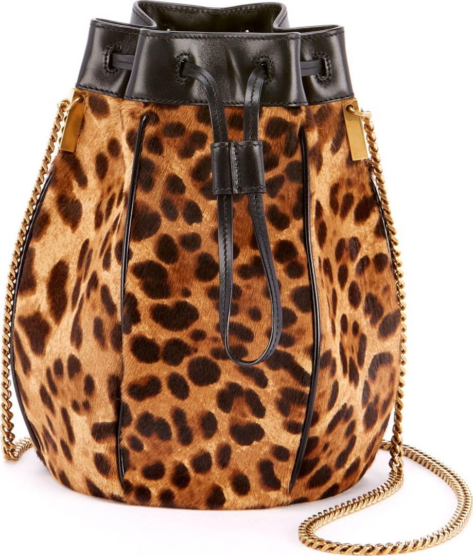 Saint Laurent Talitha Leopard-Print Fur Medium Bucket Bag