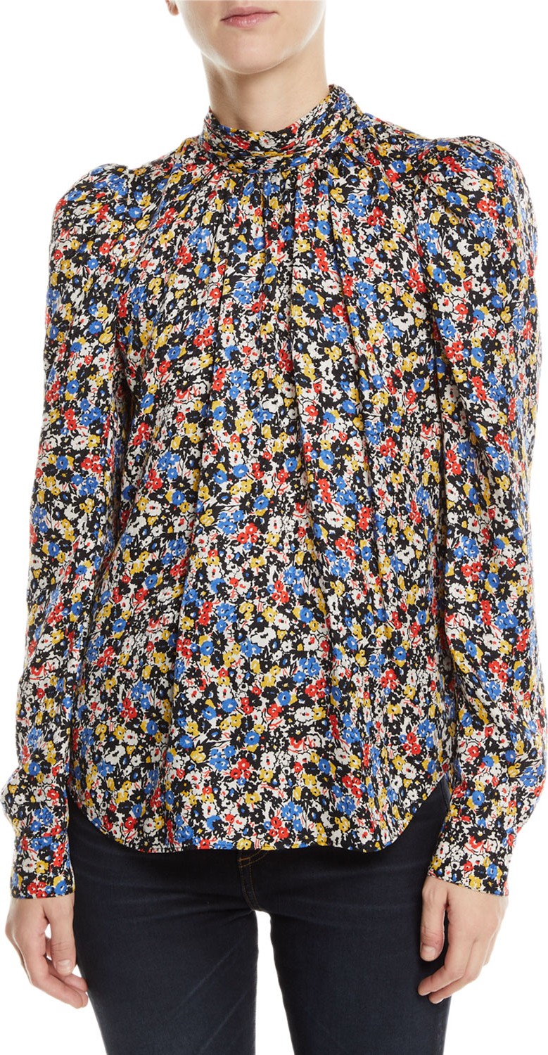 Veronica Beard Mena Gathered Floral Puff-Sleeve Top