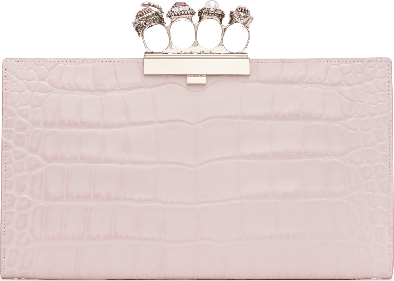 Alexander McQueen Four-Ring Knuckle Clasp Croc Embossed Leather Clutch