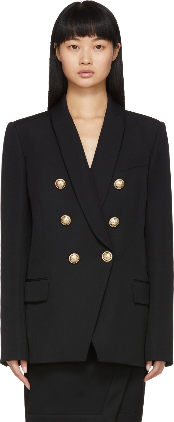 Balmain Black Grain De Poudre Oversized 6-Button Blazer