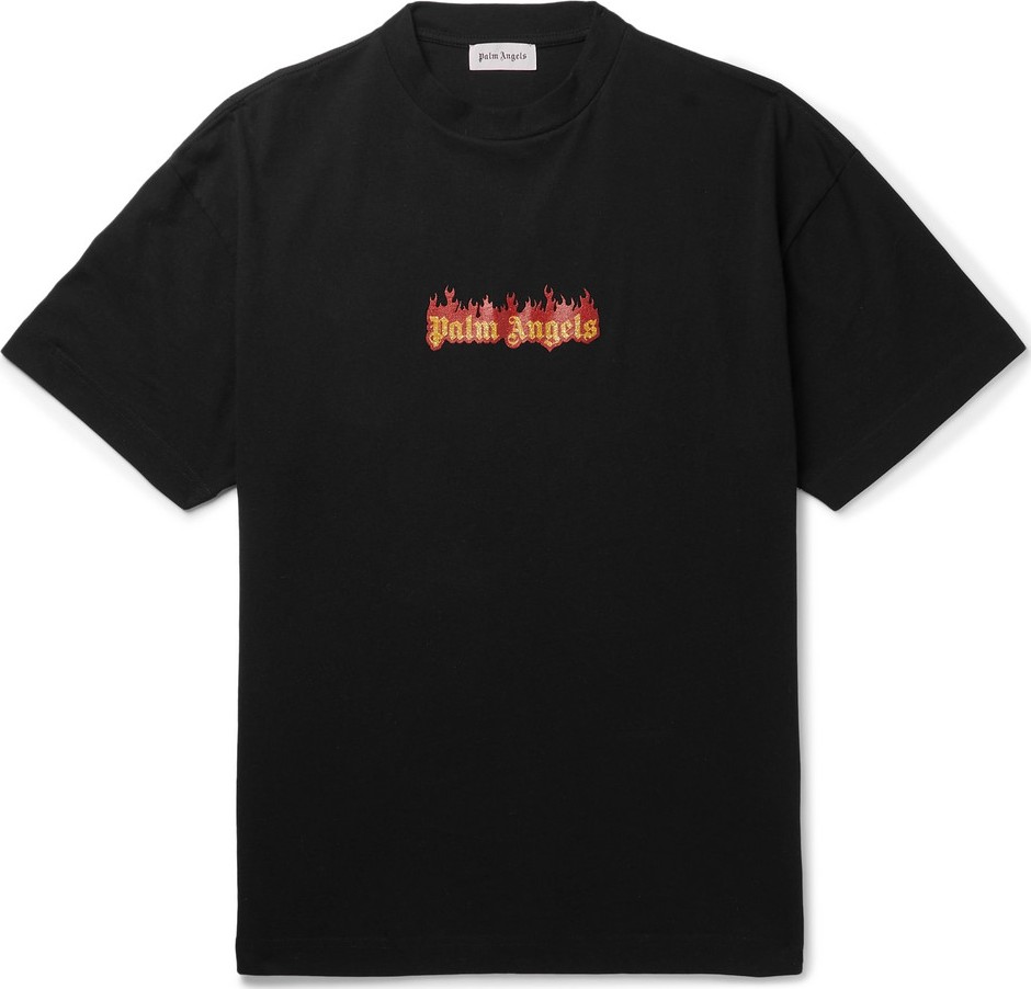 Palm Angels Glittered Logo-Print Cotton-Jersey T-Shirt Palm Angels Glittered Logo-Print Cotton-Jersey T-Shirt
