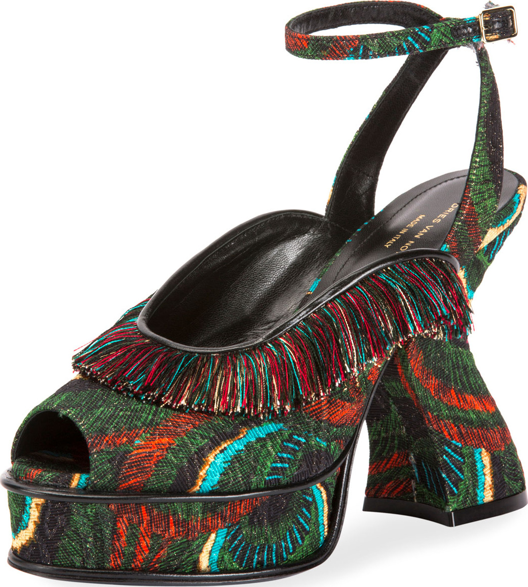 Dries Van Noten Floral Platform Fringe Curve-Heel Sandals