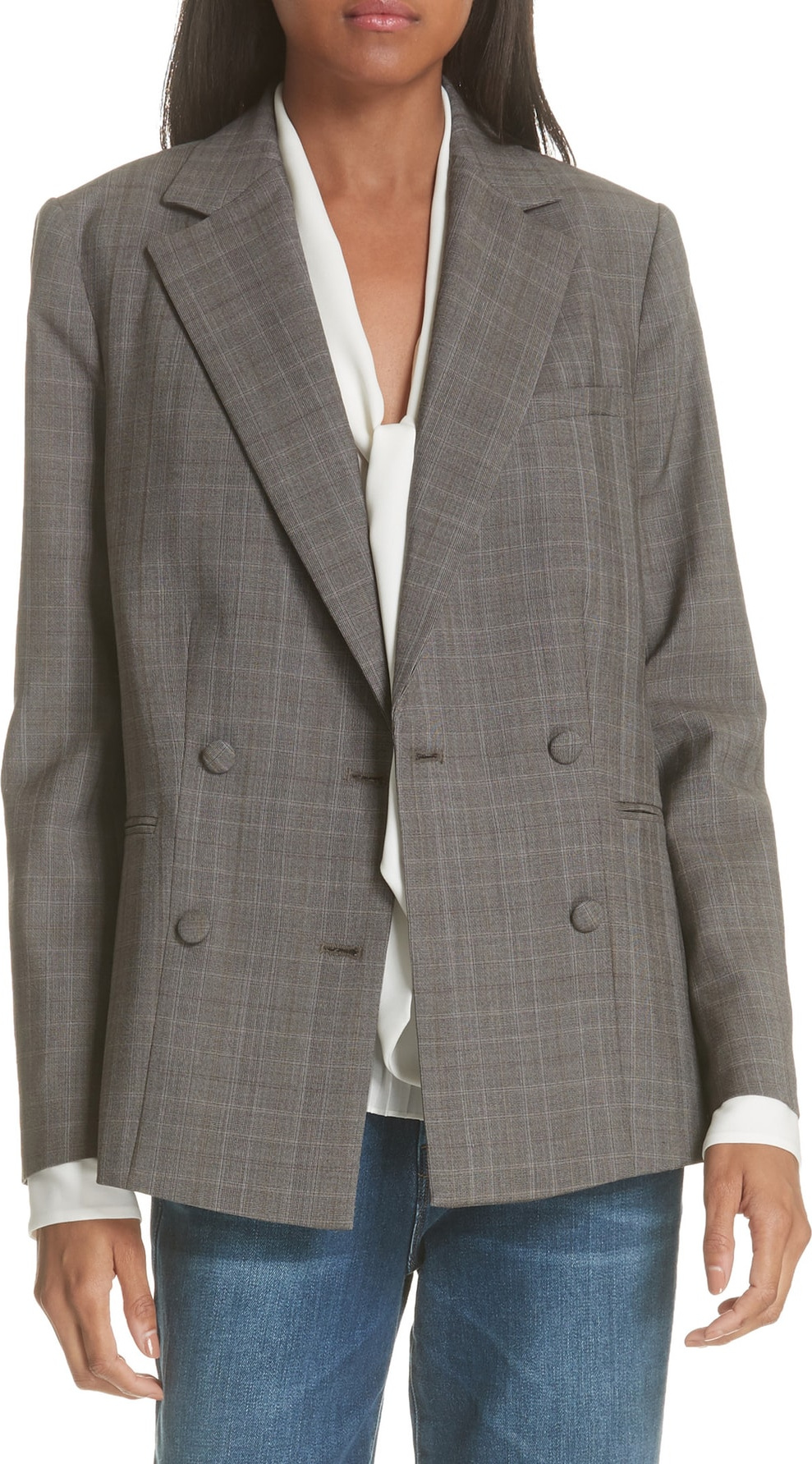 FRAME DENIM Plaid Double Breasted Wool Blazer