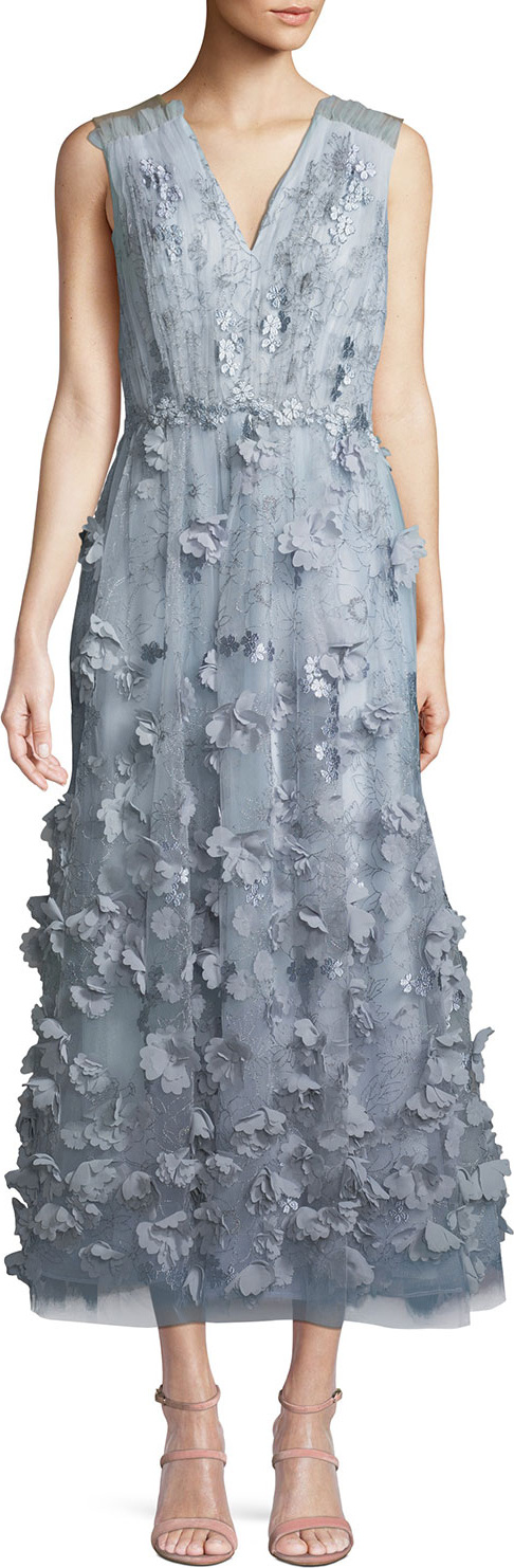 David Meister Sleeveless Cocktail Midi Dress w/ 3D Floral Embroidery