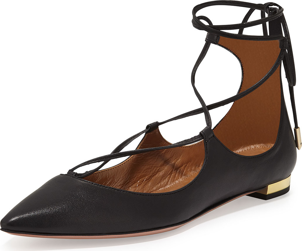 Aquazzura Christy Lace-Up Pointed-Toe Flat, Black