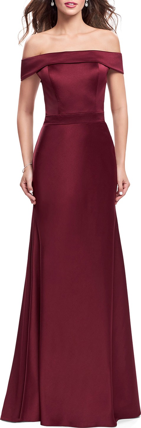 La Femme Off-the-Shoulder Short-Sleeve Satin Gown w/ Flared Skirt