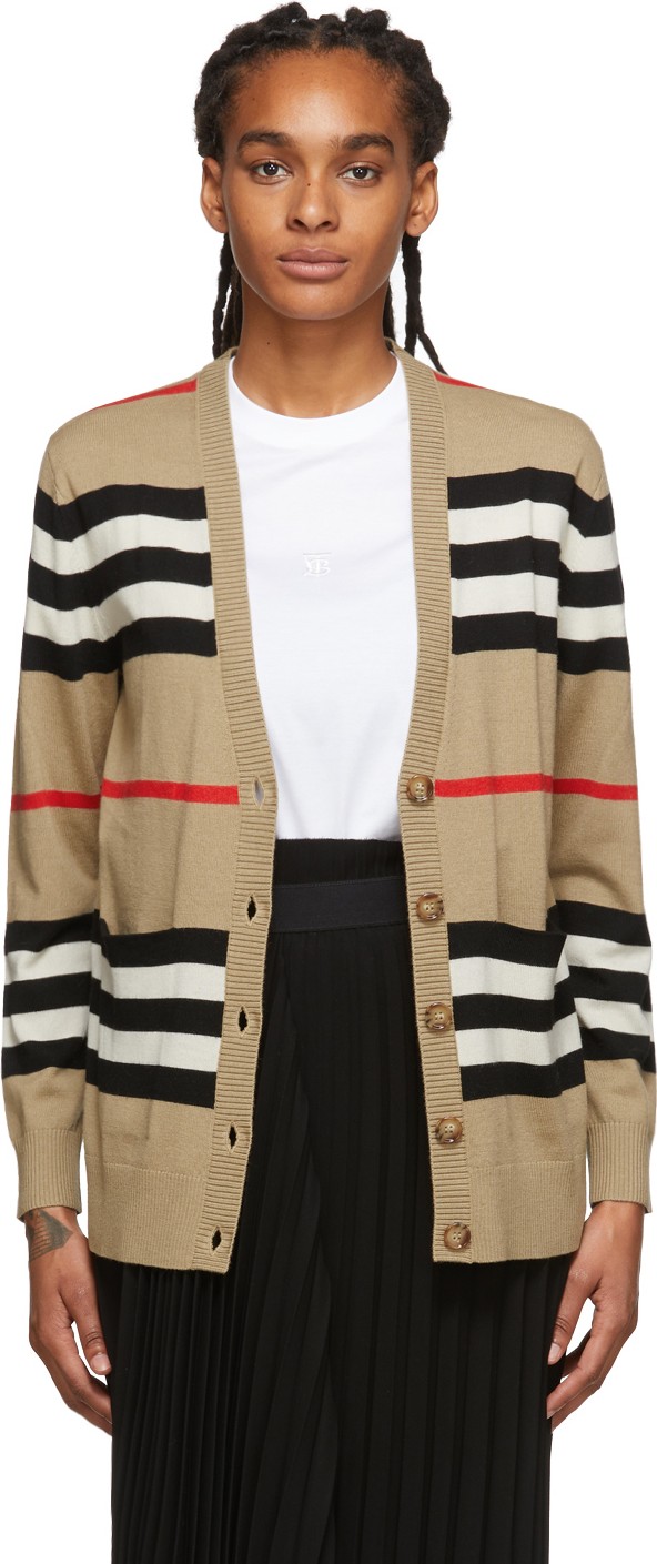 Burberry London England Beige Striped Scioto Cardigan