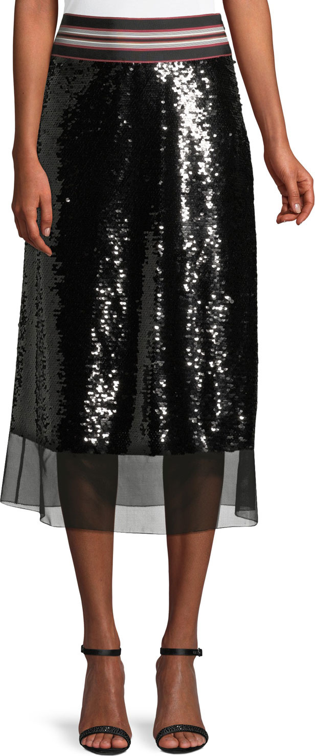 Sachin & Babi Labelle Stripe-Waist Sequin A-Line Skirt