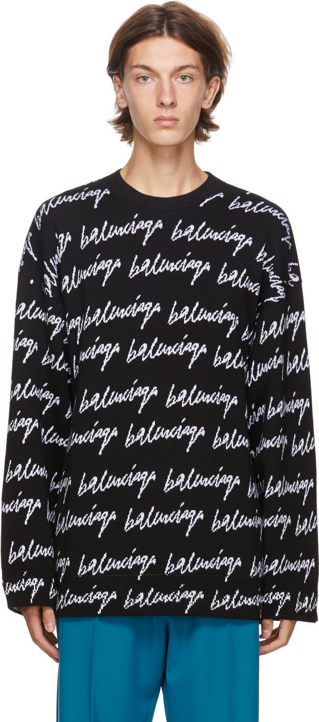 Balenciaga - Black & White Knit Scribble Logo Sweater