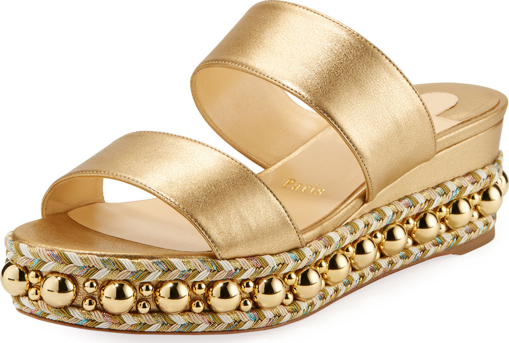 Christian Louboutin Janitag Double-Strap Napa Studded Jute Red Sole Sandal