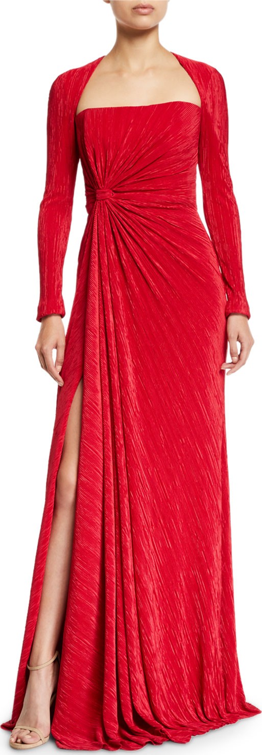 Badgley Mischka Fortuni Knotted Long-Sleeve Drape Dress