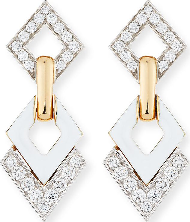 David Webb White Enamel & Diamond Interlocking Diamond Earrings