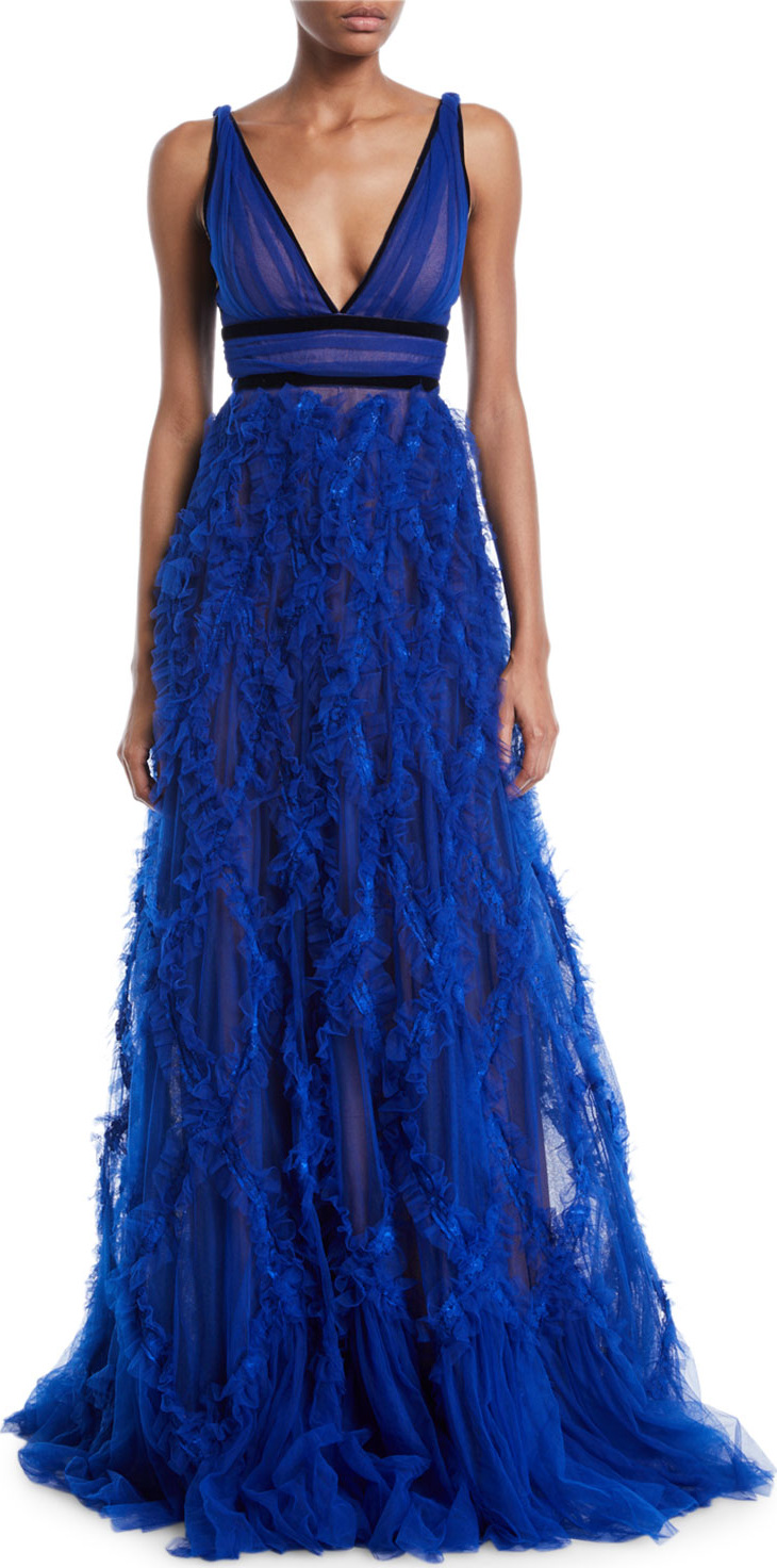 Marchesa Notte Lattice Textured & Velvet Trim Gown