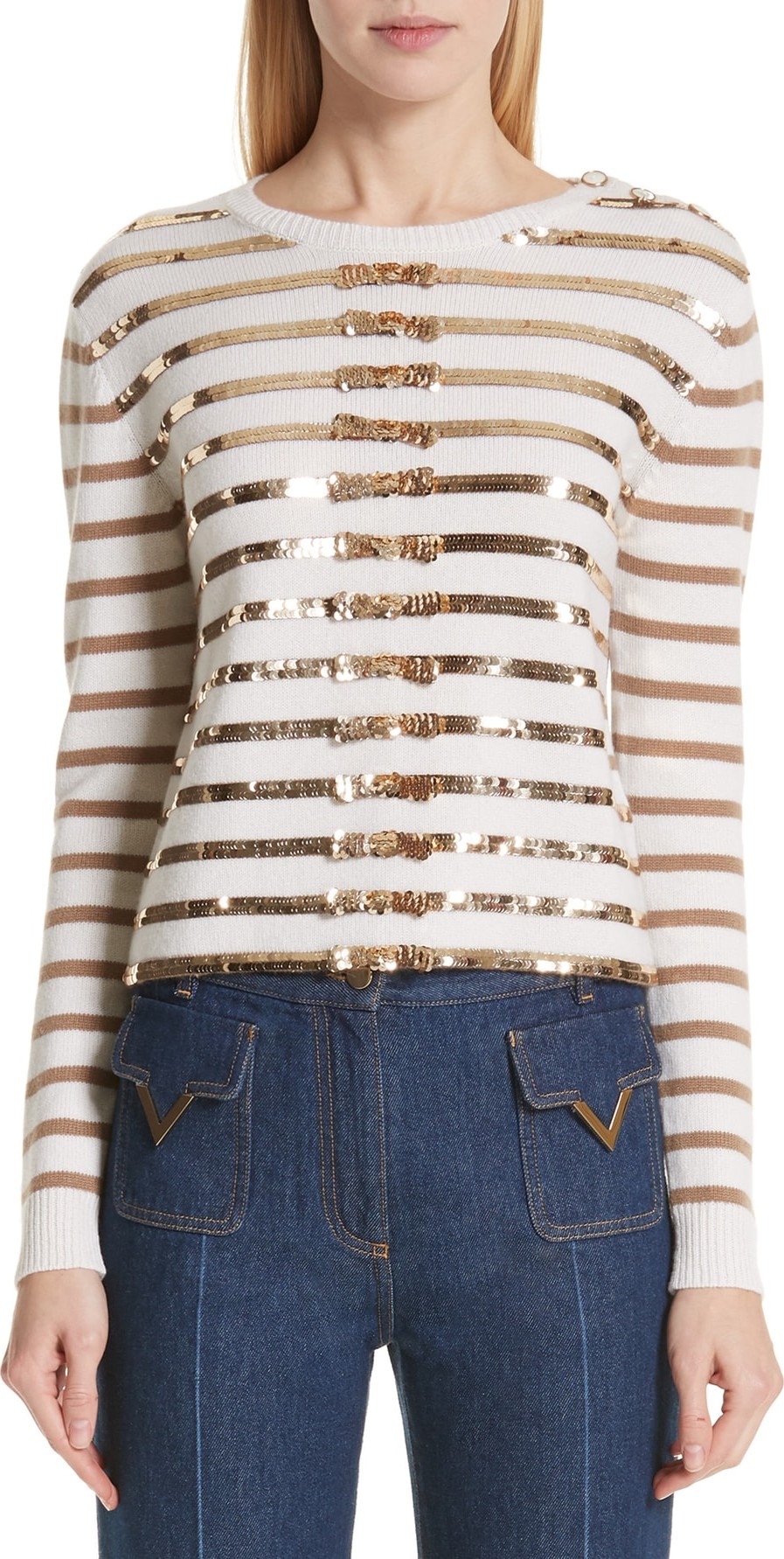 Valentino Bow Embellished Stripe Cashmere Sweater