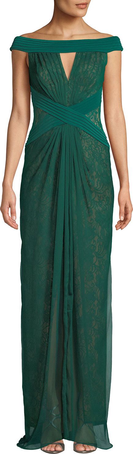 Tadashi Shoji Off-the-Shoulder Pintuck & Lace Jersey Gown