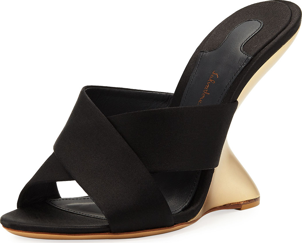 Salvatore Ferragamo Alcamo Satin Floating Wedge Slide Sandal, Nero