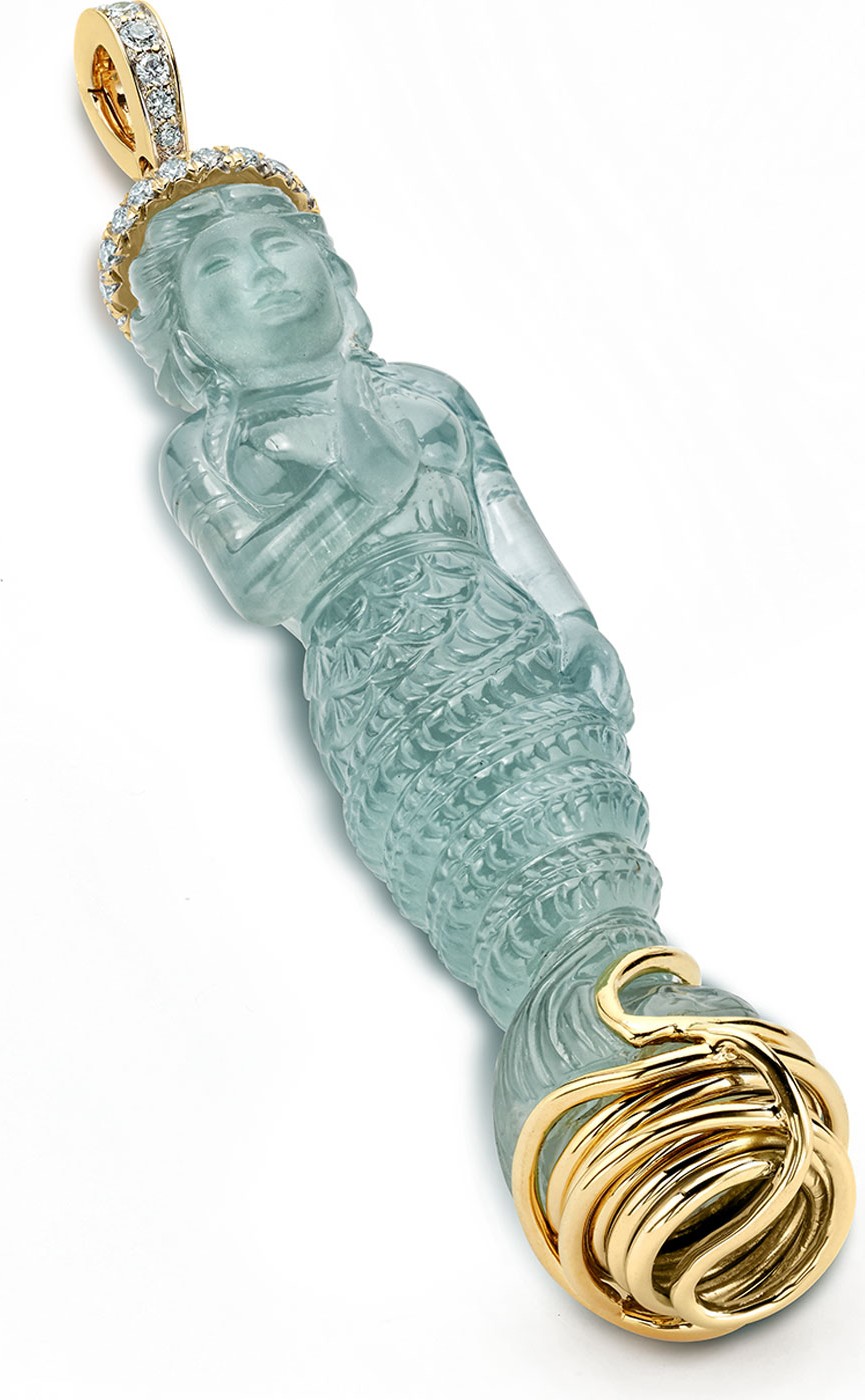 Pamela Huizenga 18k Aqua Mermaid & Diamond Pendant