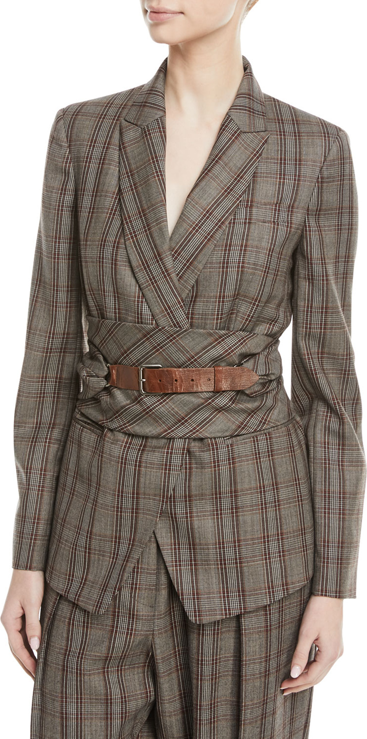 Brunello Cucinelli Peak-Lapel Plaid Virgin Wool Blazer with Leather Wrap Belt