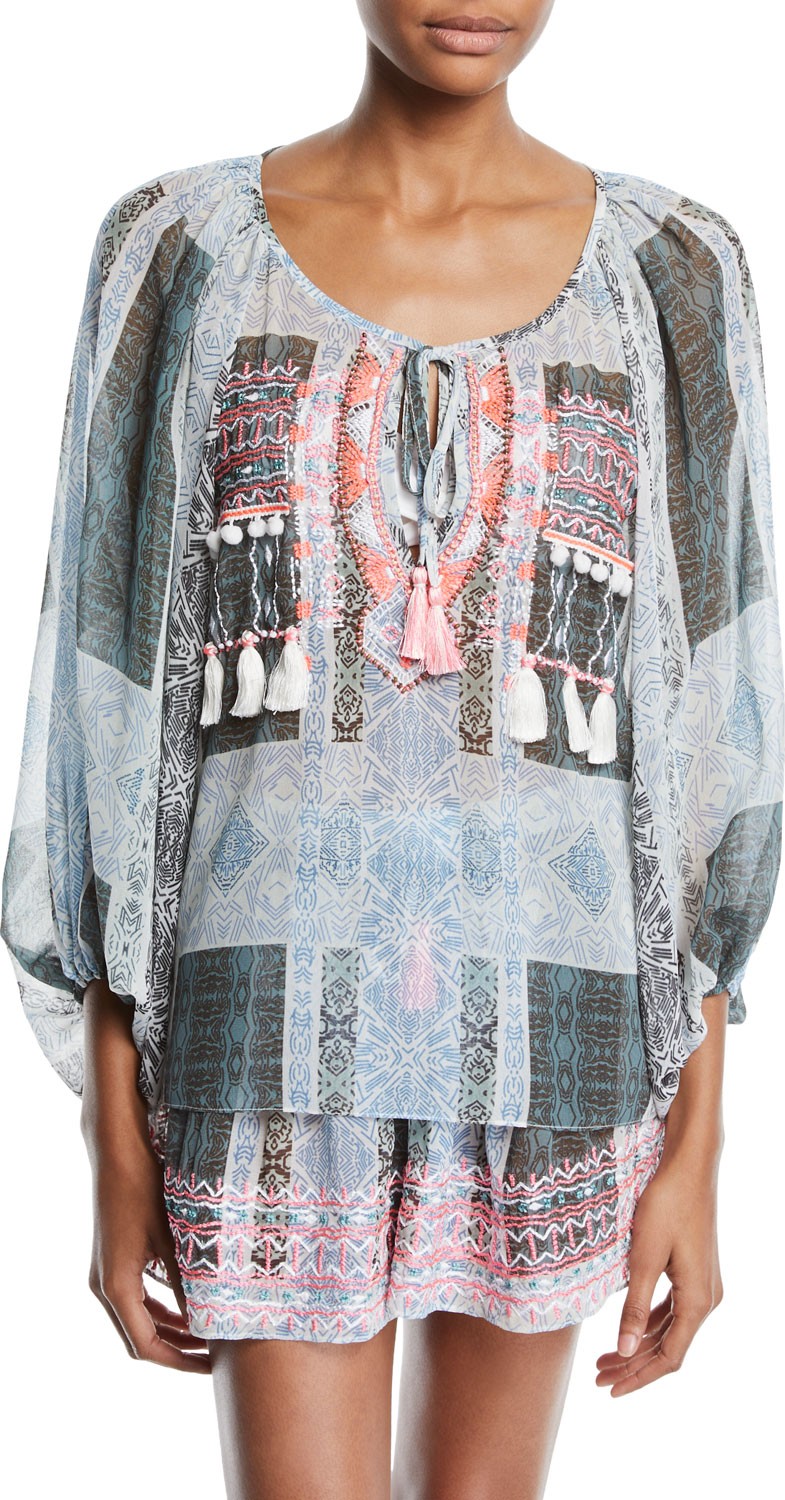 Ramy Brook Myra Embroidered Coverup Blouse with Tassels