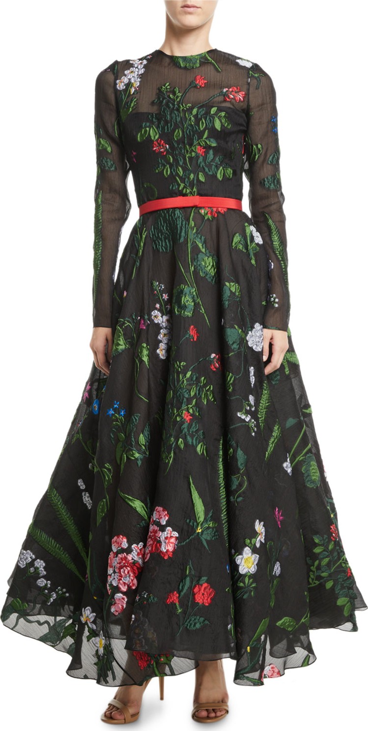 Oscar De La Renta Long-Sleeve Belted Floral-Embroidered Fit-and-Flare Mesh Evening Gown