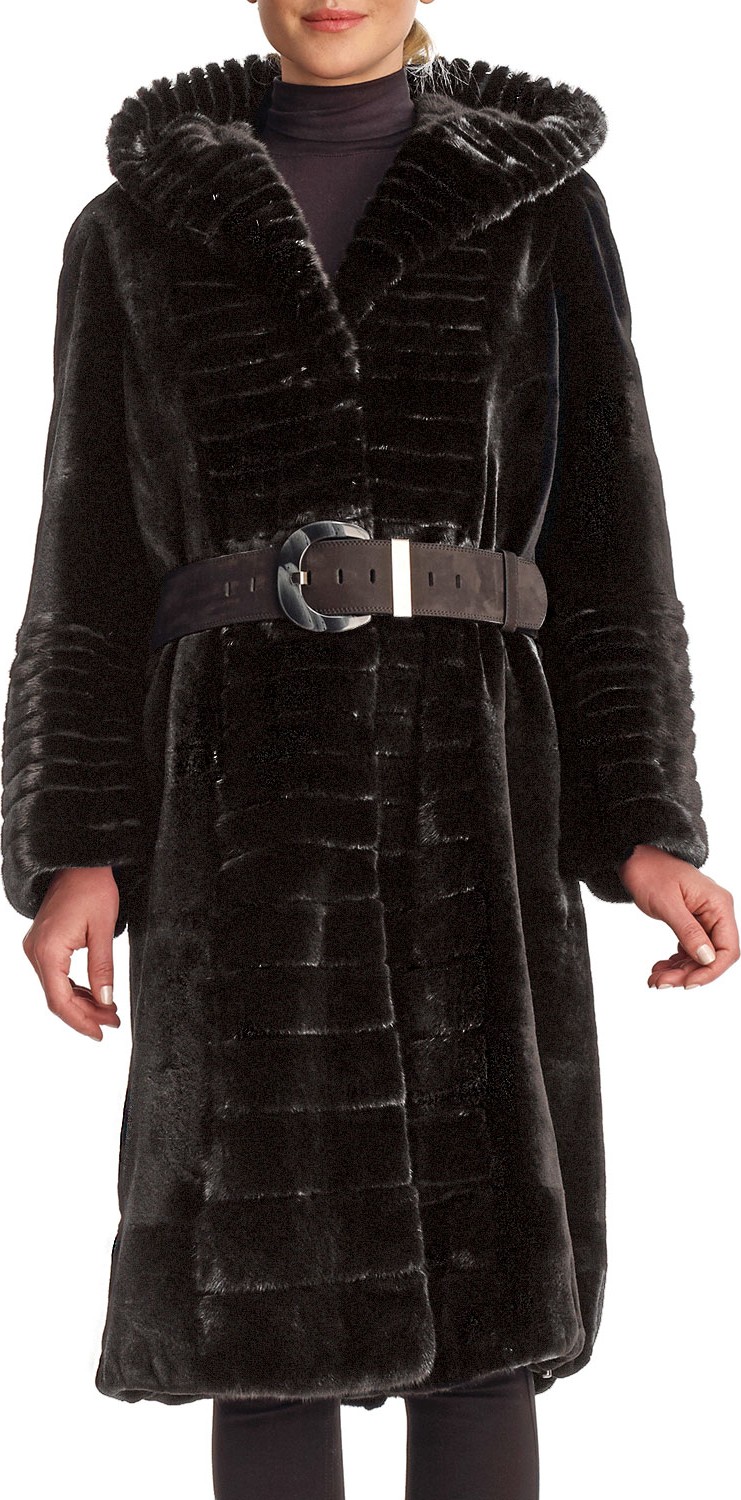 Gorski Micro Sheared Mink Coat with Hood & Leather Belt
