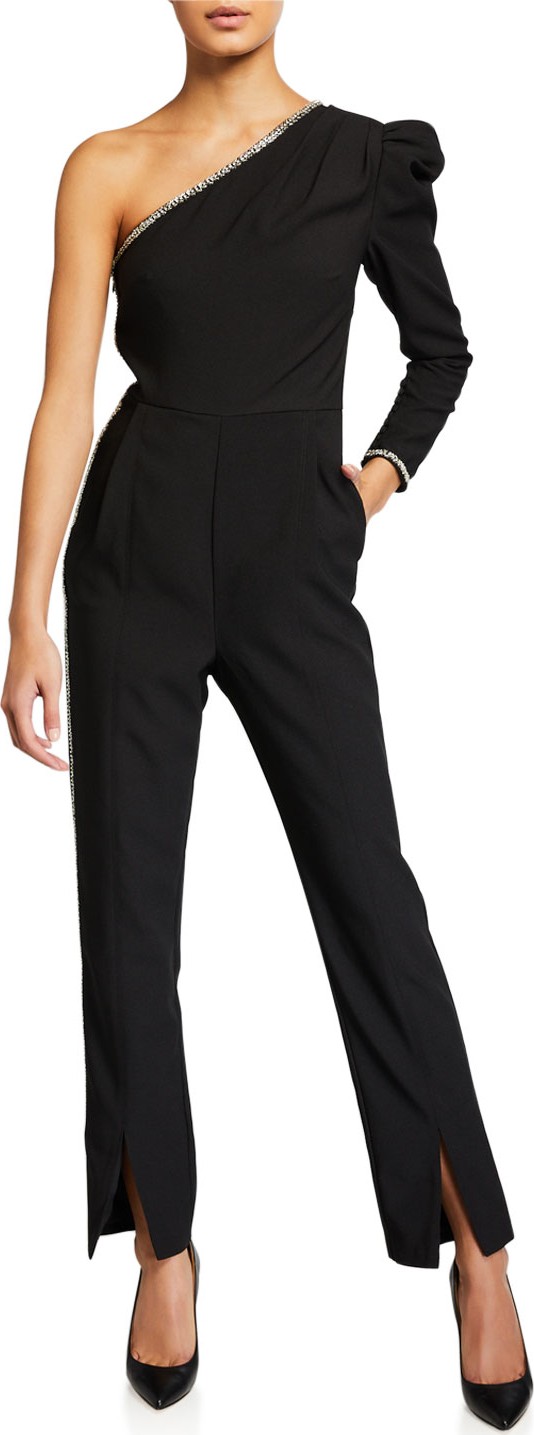 Self Portrait Crystal-Trim Crepe One-Shoulder Jumpsuit