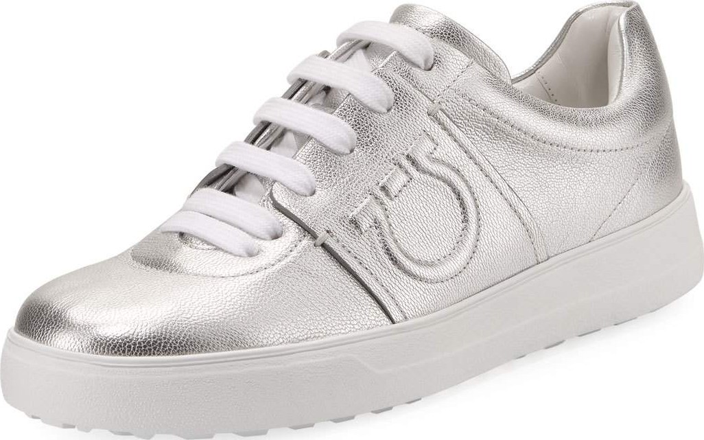 Salvatore Ferragamo Fasano Metallic Platform Sneakers with Embossed Gancio Logo, Argento