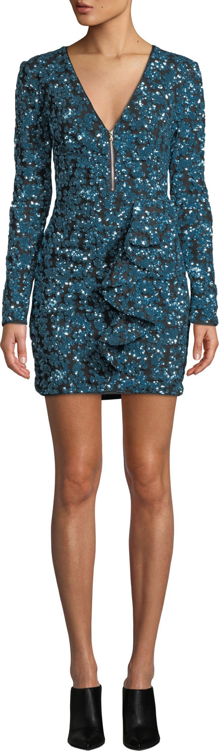 Self Portrait Zip-Front Sequin Frill Mini Cocktail Dress