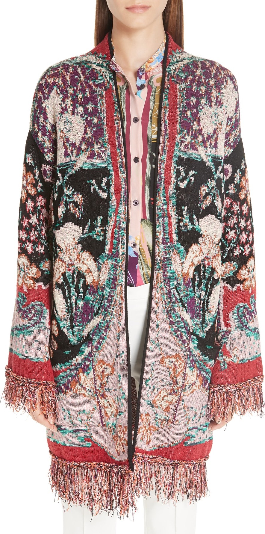 Etro Fringe Trim Jacquard Knit Cardigan