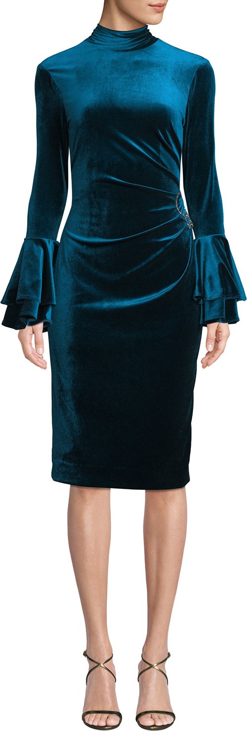 Rickie Freeman for Teri Jon Velvet Bell-Sleeve Ruched Dress