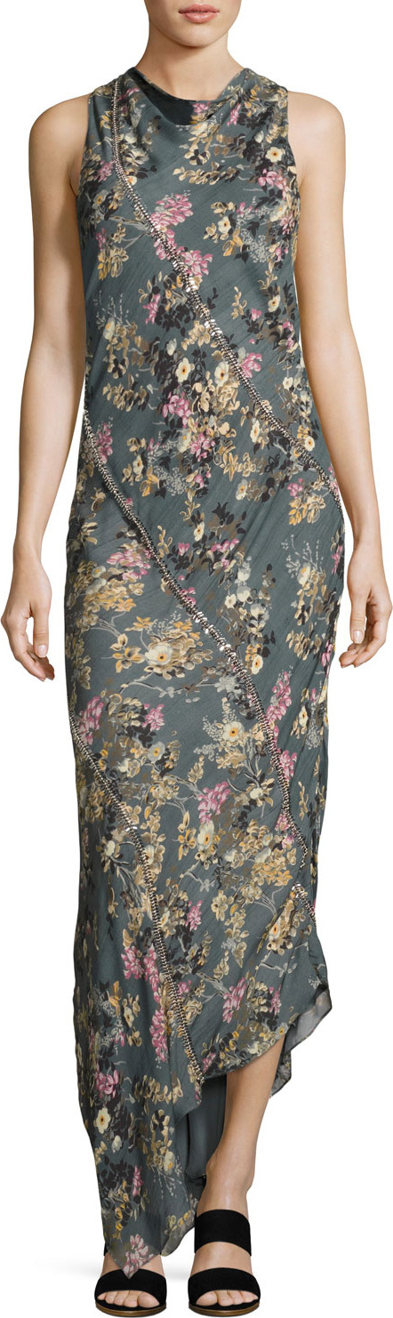 Haute Hippie Cecilia Floral Print Silk Maxi Dress, Gray-Multi