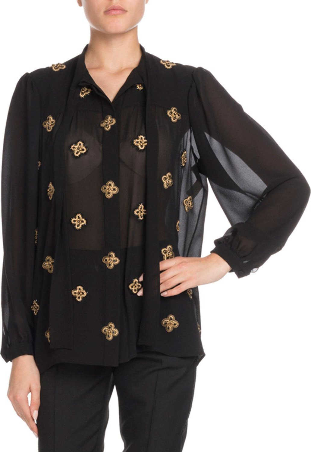 Saint Laurent Tie-Neck Long-Sleeve Embroidered Silk Blouse