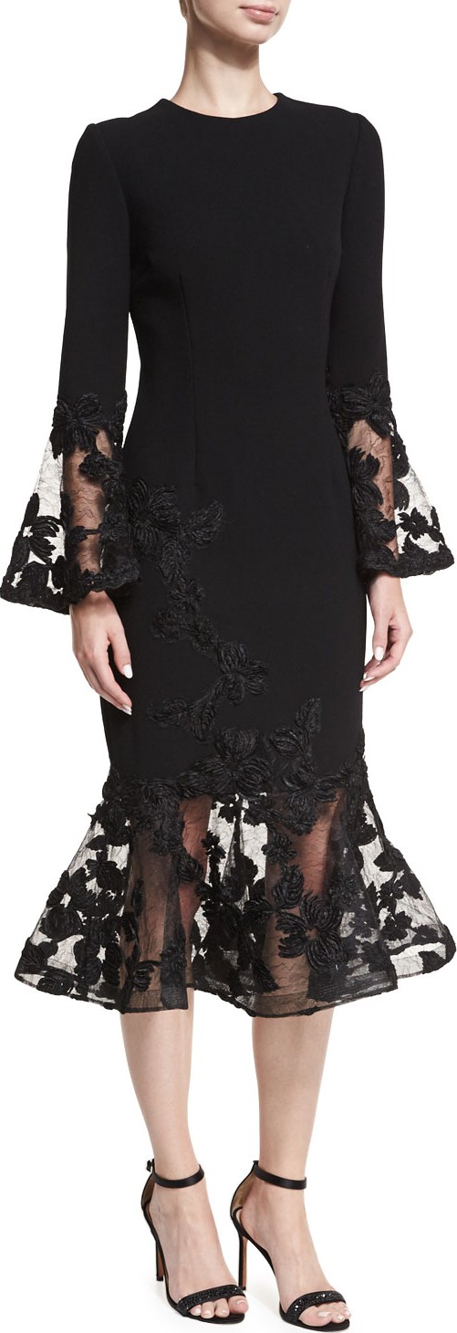 Rickie Freeman for Teri Jon Long-Sleeve Crepe Flounce-Lace Cocktail Dress
