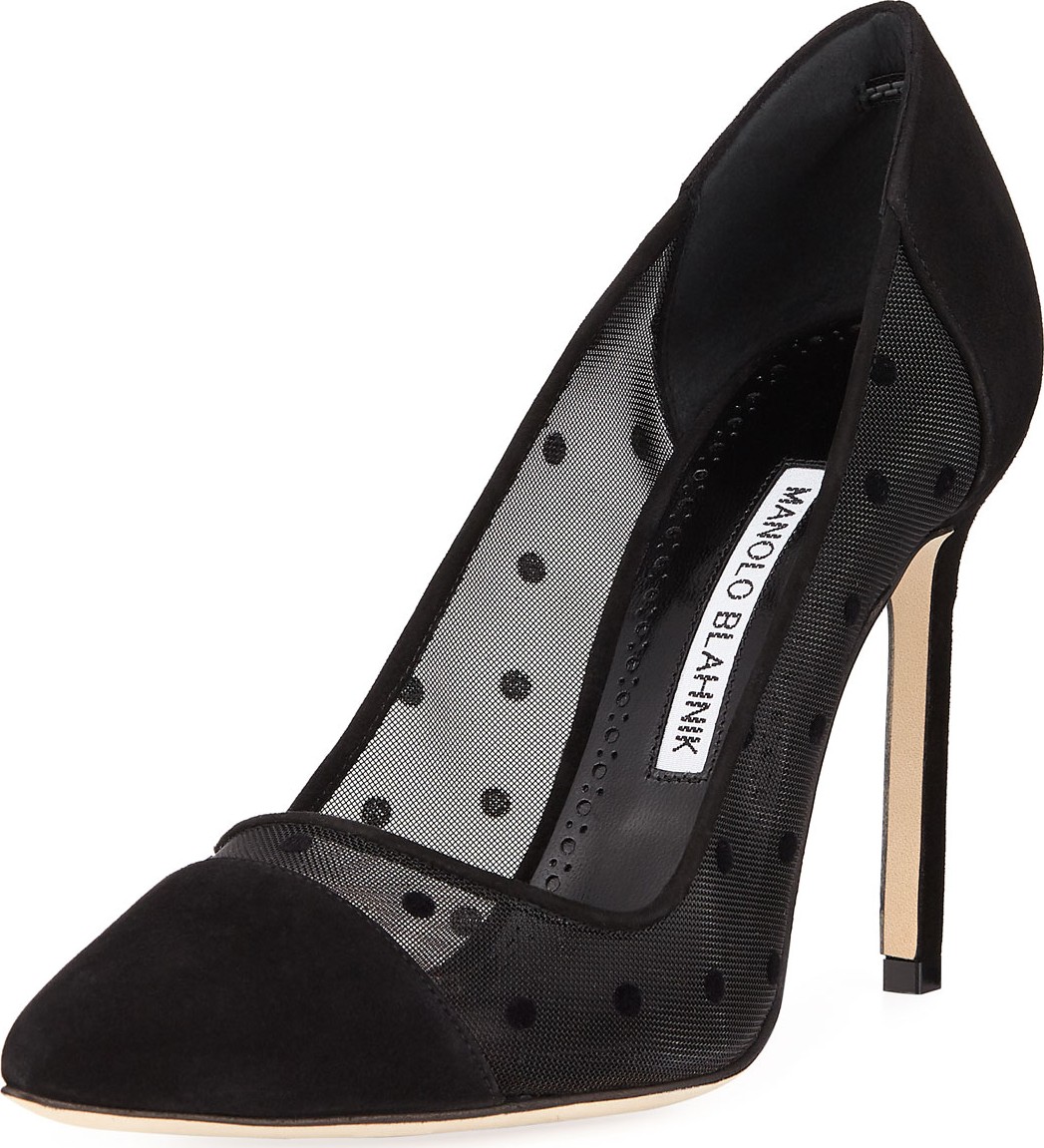Manolo Blahnik BB High-Heel Polka-Dot Mesh & Suede Pumps