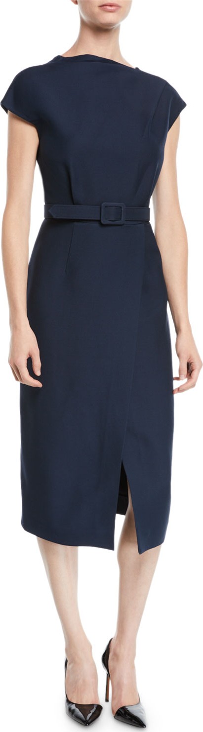 Oscar De La Renta Cap-Sleeve Belted Wrap-Style Wool-Silk Midi Dress