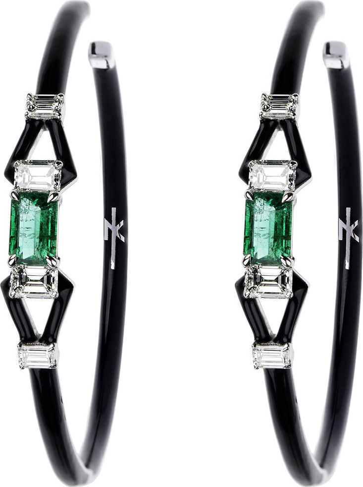 Nikos Koulis 18k White Gold Oui Diamond & Emerald Hoop Earrings