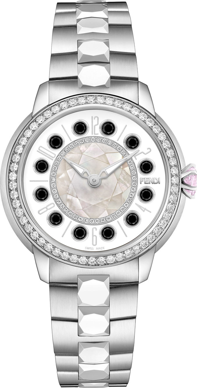 Fendi 38mm IShine Stainless Steel Bracelet Watch w/Pink Topaz, Black Spinel & Diamonds