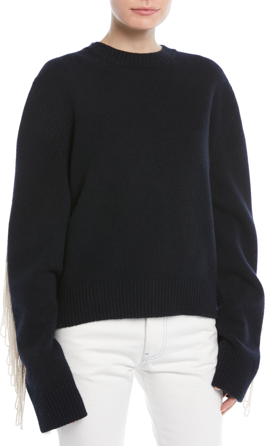 Calvin Klein 205W39NYC Crewneck Long-Sleeve Virgin-Wool Sweater w/ Fringe Detail