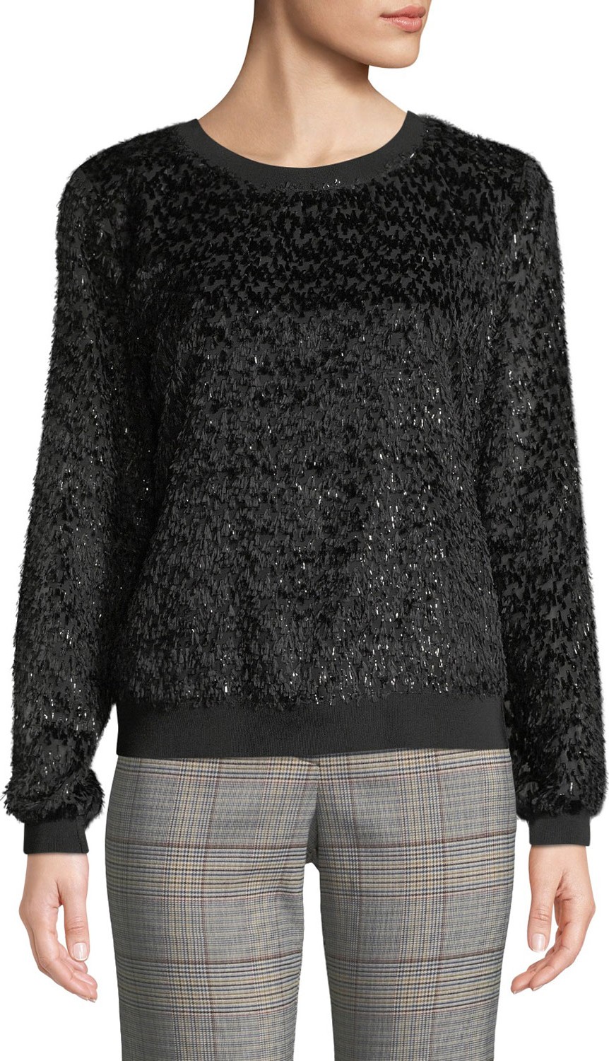 Trina Turk Blanc Noir Crewneck Long-Sleeve Confetti-Shag Sweatshirt