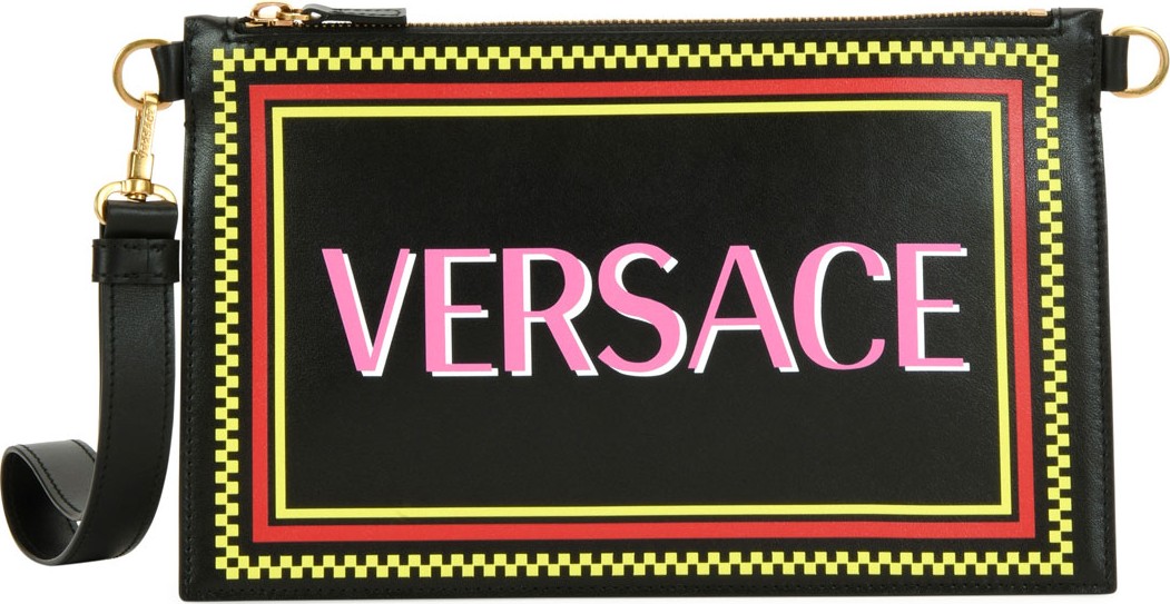 Versace 90s Logo Leather Wristlet Clutch Bag