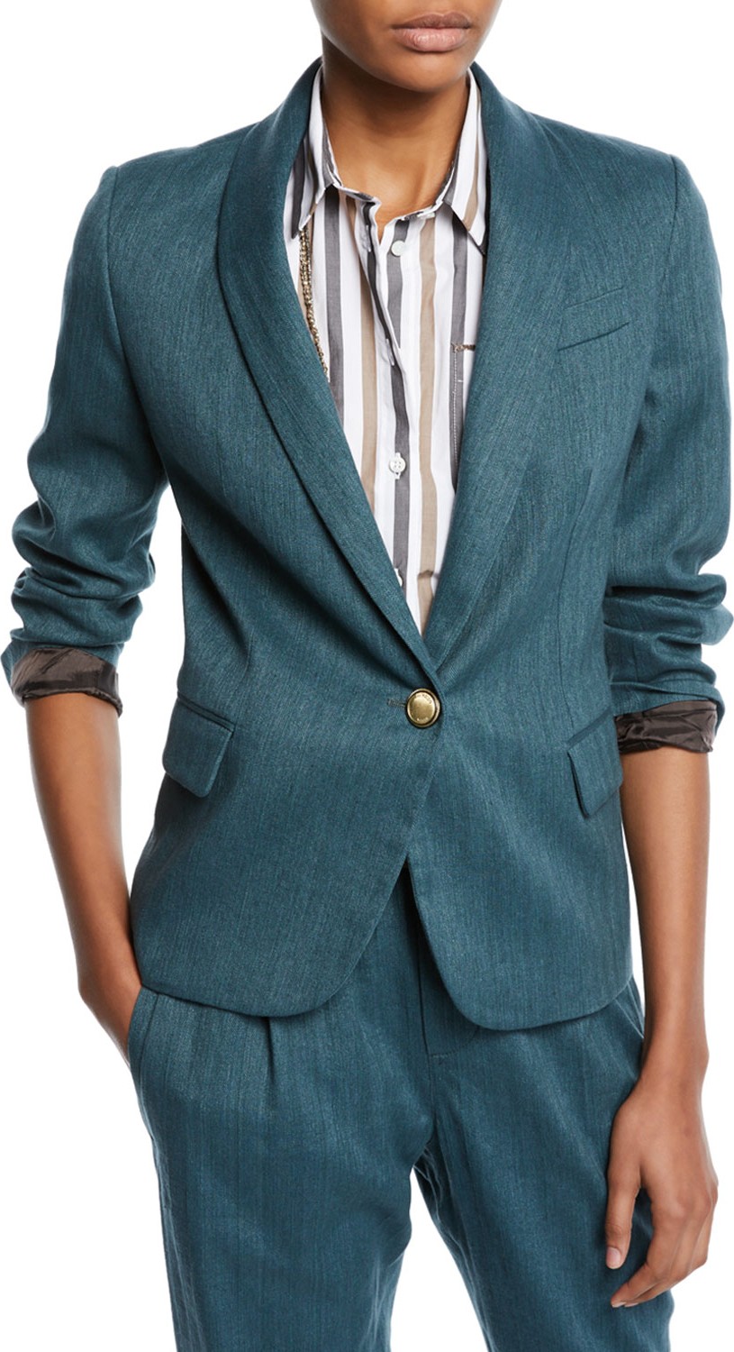 Brunello Cucinelli Monili-Collared Chevron Cotton-Linen Button-Front Blazer