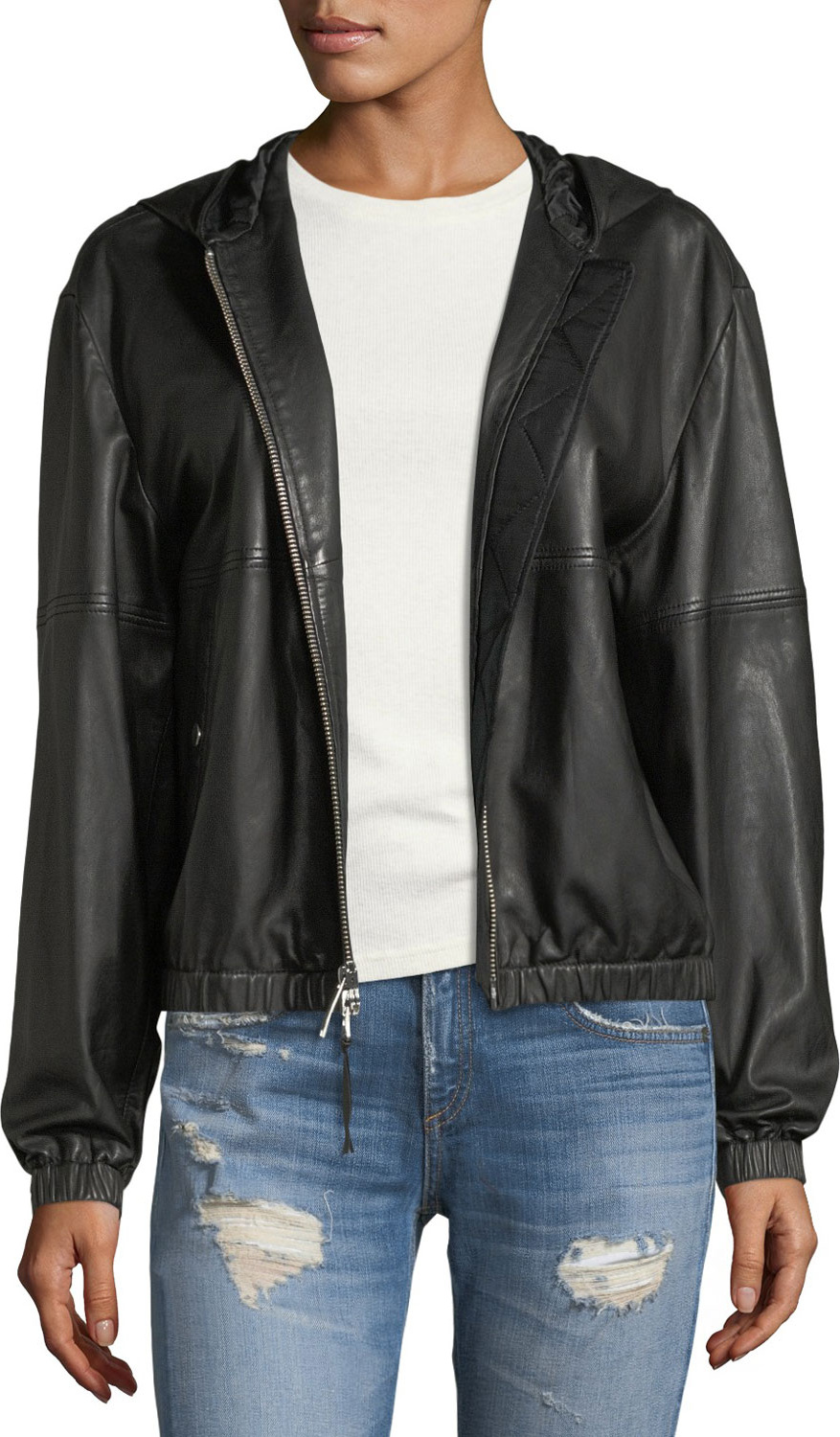 Public School Kris Hooded Zip-Front Leather Jacket
