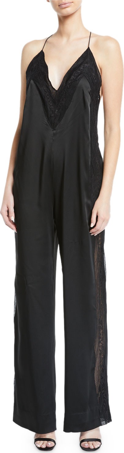 Jonathan Simkhai Lingerie Sateen Jumpsuit with Lace Trim
