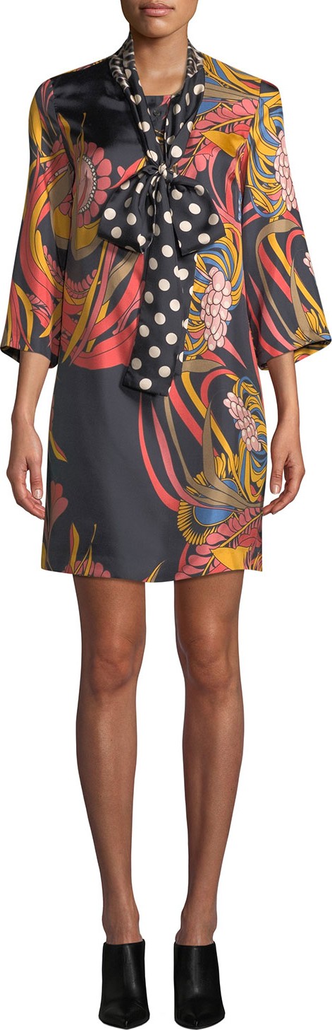 La Prestic Ouiston Park Ave Mix-Print Tie-Neck Silk Dress